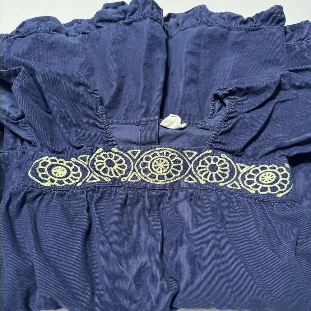 Mini Boden Blue Cream Embroidered Corduroy Dress Years Short Sleeve Tiered 9-10